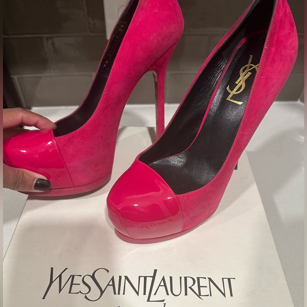 Saint Laurent Tribute Two Patent-Cap Suede Pump, Fuchsia